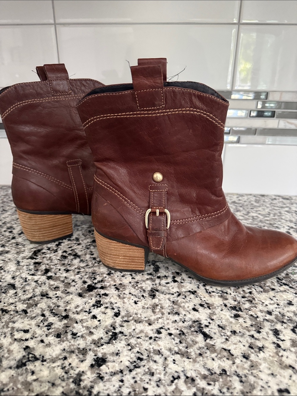 Clark’s Saloon Laurel Brown Leather Western Ankle Boots with Low Stacked Heel 9
